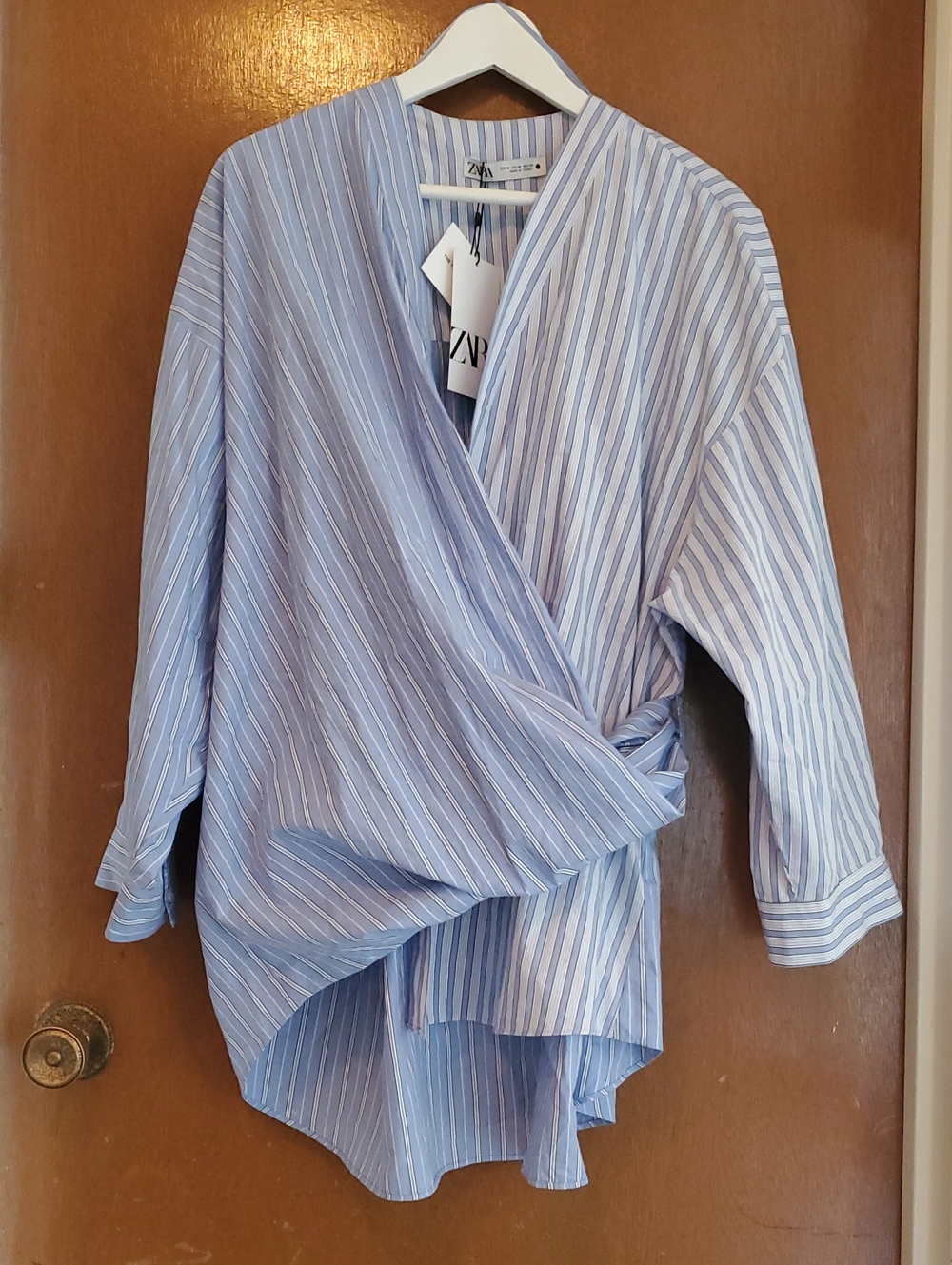 Zara Light Blue & White Striped Wrap Shirt/Mini-dress